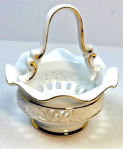 Vintage Miro Madrid Spanien weißer Porzellankorb mit Goldrand - 4 Zoll - Bild 1 von 6