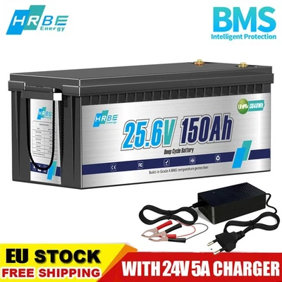 HRBEENERGY Batería de litio 24V 150Ah LiFePO4 100A BMS 15000 ciclos autocaravana instalación solar