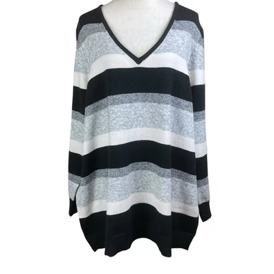 Lane Bryant NWT 26/28 Black Gray White Striped V-Neck Long Sleeve Soft Sweater - Image 1 of 4