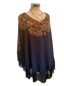 INDIGO THREAD Blue Embroidered Tye-Dye Fringed Poncho/ Shawl Boho Festival Large - Picture 1 of 9