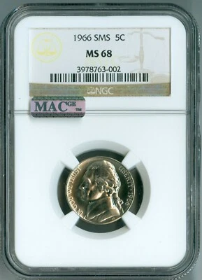 1966 SMS MS68 NGC MAC PQ JEFFERSON NICKEL 5c, 2ND TOP REGISTRY, RARE, SPOTLESS - Image 1 of 4