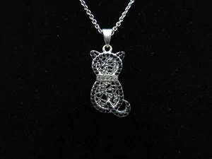 Black and Clear Rhinestone Filigree Silvertone Cat Necklace - Picture 1 of 13