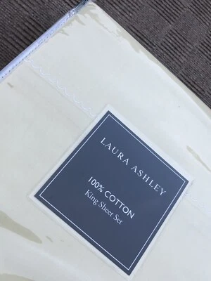 Laura Ashley Embroidered Scallop Hem King Sheet Set Yellow White Cotton New - Image 1 of 4