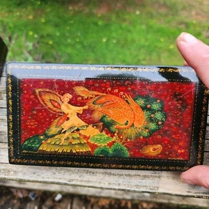 Russische Lackdose Palekh Fedoskino Märchen Phönix Design signiert Sammlerstück - Bild 1 von 11