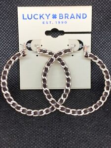 LUCKY BRAND Dark Brown Leather Large Woven Hoop Silver-Tone Earrings NWT $35