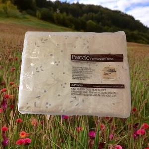 JC Penney Eyelet Lace Queen Flat Sheet NEW Percale Vintage 80s Cottage Ivory  - Picture 1 of 15