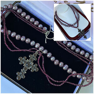 Vintage Faceted Amethyst & Pearl Triple Strand Cross Necklace w 925 Silver Clasp