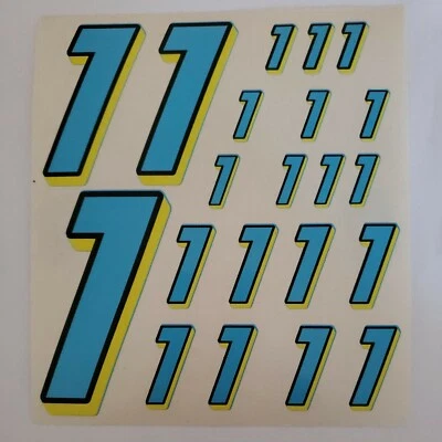 LIGHT BLUE w Yellow w/ blk#1's  Racing #'s Vinyl DecalSheet 1/10-1/12slashboxD - Image 1 of 4