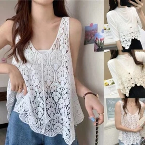 Women Summer Crochet Knit for Tank Top Vintage Floral Camisole Buttons Crop Card - Picture 1 of 10