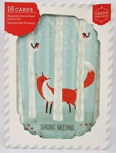 16 Holiday Greeting Cards Fox & Birds Christmas Green Inspired 