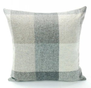 Cushion Cover Checked Greys 60 x 60 cm 100% Wool Front Plain Reverse - Picture 1 of 1