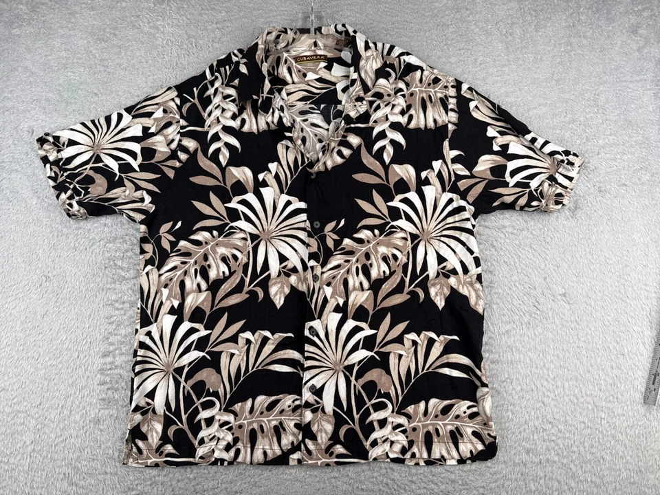 Camisa Cubavera Hombre 2XL XXL Negra Beige Floral Hawaiana 100% Rayón Manga Corta Foto 1 de 4
