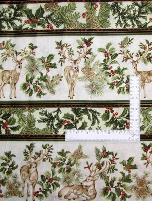 Tela dorada crema a rayas de ciervo de Navidad por yarda invierno pinos algodón Benartex Foto 1 de 3