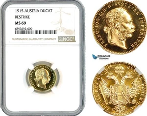 AK877, Austria, Franz Joseph, Restrike 1 Ducado 1915, Casa de la Moneda de Viena, Oro, NGC MS69 - Imagen 1 de 1