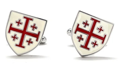 Gemelos Crusaders Shield Hombre Cruz Jerusalén Religioso Diseño Esmalte Rojo Foto 1 de 4
