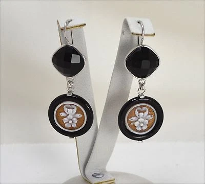 ORECCHINI IN ARGENTO 925 CON ONICE E CAMMEI SARDONICO FIORI PENDENTI AGHT 0492 - Immagine 1 di 3