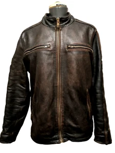 Black Rivet Men's Brown Distressed Genuine Leather Biker Moto Jacket Pakistan L - Picture 1 of 17