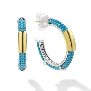 🆕LAGOS Blue Caviar 18K Yellow Gold and Blue Ceramic HOOP Earrings - Picture 1 of 16