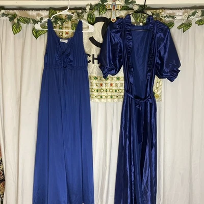 Camisola Vintage Miss Elaine Azul Macio Nylon Robe Completa Renda Tamanho Médio - Imagem 1 de 4