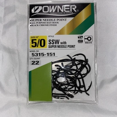 Owner SSW All Purpose Hook #5/0 Forged Shank Up Eye Black Chrome 22/Pk 5315-151 - Image 1 of 2