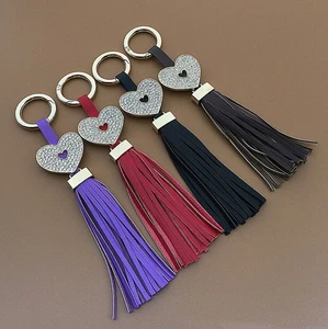 Leather Tassel Crystal Heart Pendant Mobile Handbag Key Chain Bag Accessories - Picture 1 of 7
