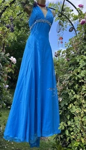 VTG 70s Chiffon Beaded Sequined Blue Maxi Dress Halter Neck Built In Bra UK 14 - Picture 1 of 17