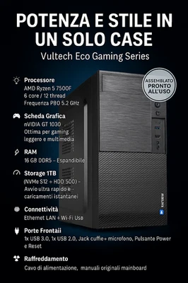 PC GAMING Cpu AMD Ryzen 5 7500F 6c/12t 5.0GHz Sk AM5 Ram 16Gb Ddr5 Disk 1Tb RGB - Immagine 1 di 4