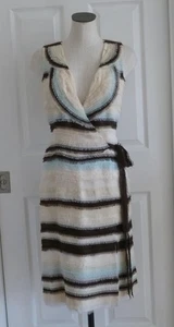 Carolina Herrera 100% Silk Chiffon Ivory Blue Brown 78 Fringed Tiers Dress 6 - Picture 1 of 19