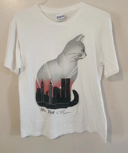 Vintage 90er New York City Katze Himmel T-Shirt Erwachsene L Gary Bynum weiß Herren hergestellt in den USA - Bild 1 von 7