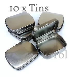10 x Empty Tins. 20ml Small Plain Metal. Hinged Lid 60mm x 48mm x 18mm approx - Picture 1 of 3