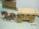 Vintage porcelain Clydesdale Horse in Harness w/ large wooden Gypsy Wagon