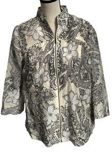 Coldwater Creek Bluse Gr. 10 Medium creme grau Reißverschluss vorne 3/4 Ärmel geprägt - Bild 1 von 5