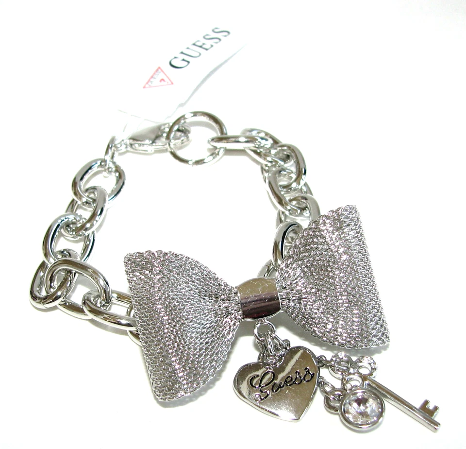 Nuovo Color Argento Guess Catena Bracciale Rete Fiocco Pendenti Ciondoli - Immagine 1 di 1