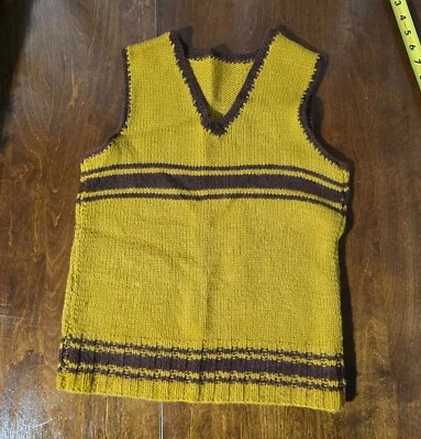 Chaleco De Colección Hecho a Mano Talla Pequeña Amarillo Marrón Rayas Cuello en V Tejido Top Retro Años 70 Foto 1 de 4