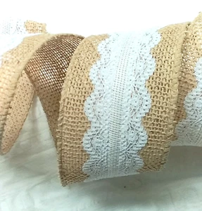 Country Lace and Burlap 2.5" by 2 yards Wired Ribbon Fall Farmhouse Wreath Bows - Picture 1 of 5