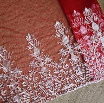 2.8 Yards  24"  Wide Red Tulle Mesh Lace with Embroider Red/Gold Flower xh098 - Image 1 of 2