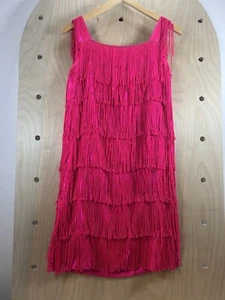 Vintage Hot Pink Shift Fringe Party Dress Sleeveless Flapper Costume Size Medium - Picture 1 of 14