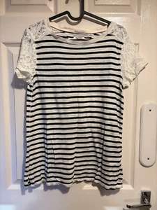 Tommy Hilfiger Ladies Womens Size Small T Shirt Navy White Stripe Lace Shoulder - Picture 1 of 5