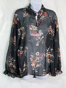 Haute Monde Damenbluse Gr. L schwarz geblümt transparent Polyester Rüschen zum Binden - Bild 1 von 8