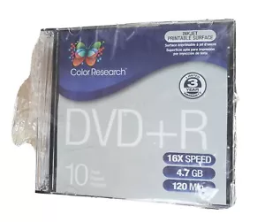 Color Research 10 PACK DVD+R~120 MIN 4.7 GB up to MAX 16X SPEED~NEW - Picture 1 of 4