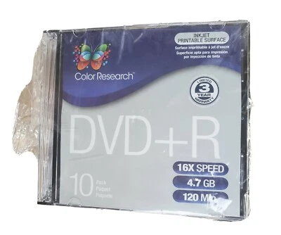 Color Research 10 PACK DVD+R~120 MIN 4.7 GB up to MAX 16X SPEED~NEW  - Image 1 of 4