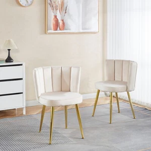 Modern WHITE dining chair(set of 2 )w/iron tube golden color legs,velvet and com - Picture 1 of 13