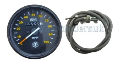 VESPA PX PE P125X P150X P200E 100MPH SPEEDOMETER BLACK FACE + GREY SPEEDO CABLE - Image 1 of 4