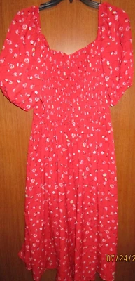 Red Floral Smocked Peasant Dress Sz XXL 100% Polyester Bust 36 -42 Length 41.5 - Image 1 of 4