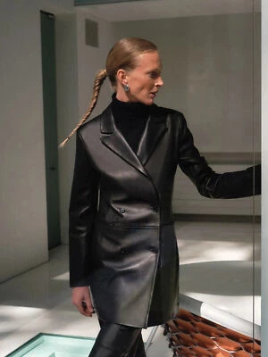 Double Breasted Women's Black Leather Blazer Real Lambskin Style CoatWear blazer - Image 1 of 4