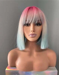 Short Pink Blue Ombre Rainbow Bob Wig with Bangs, 12 Inch Costume Cosplay Wig - Picture 1 of 8
