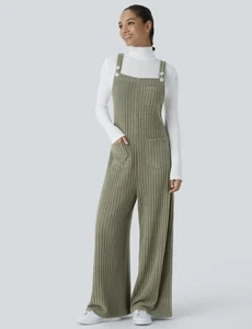 Halara Ribbed Knit Casual Overalls Romper Jumper Size Small Pockets Green NWT - Picture 1 of 14