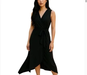Athleta Womens Windward Modal Black Sleeveless Midi Wrap Dress Picnic Small Chic - Picture 1 of 14