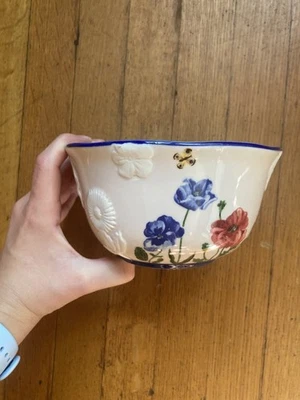 NEW Anthropologie Nathalie Lete Cereal Bowl CAT 3D Flower Butterfly - Image 1 of 4