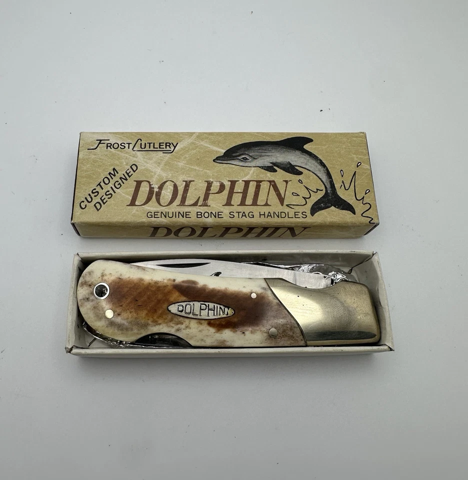 Frost Cutlery Dolphin Pocket Knife  Bone Handle 3.75” Closed  Japan Mint w Box - Image 1 of 4